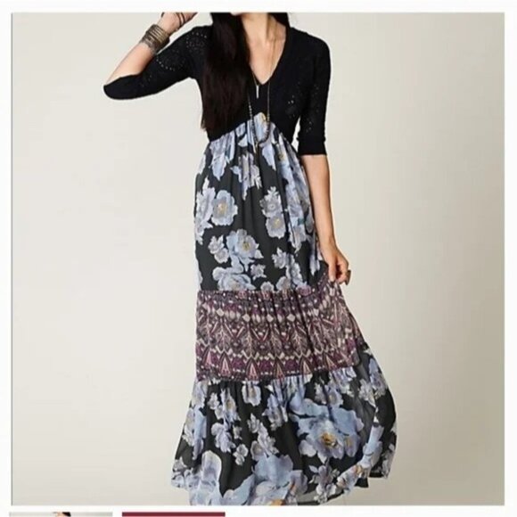 Free People Dresses & Skirts - Free People RARE NWT Blue Ethic Rose Crochet Knit Tiered Floral Maxi Dress Bohem